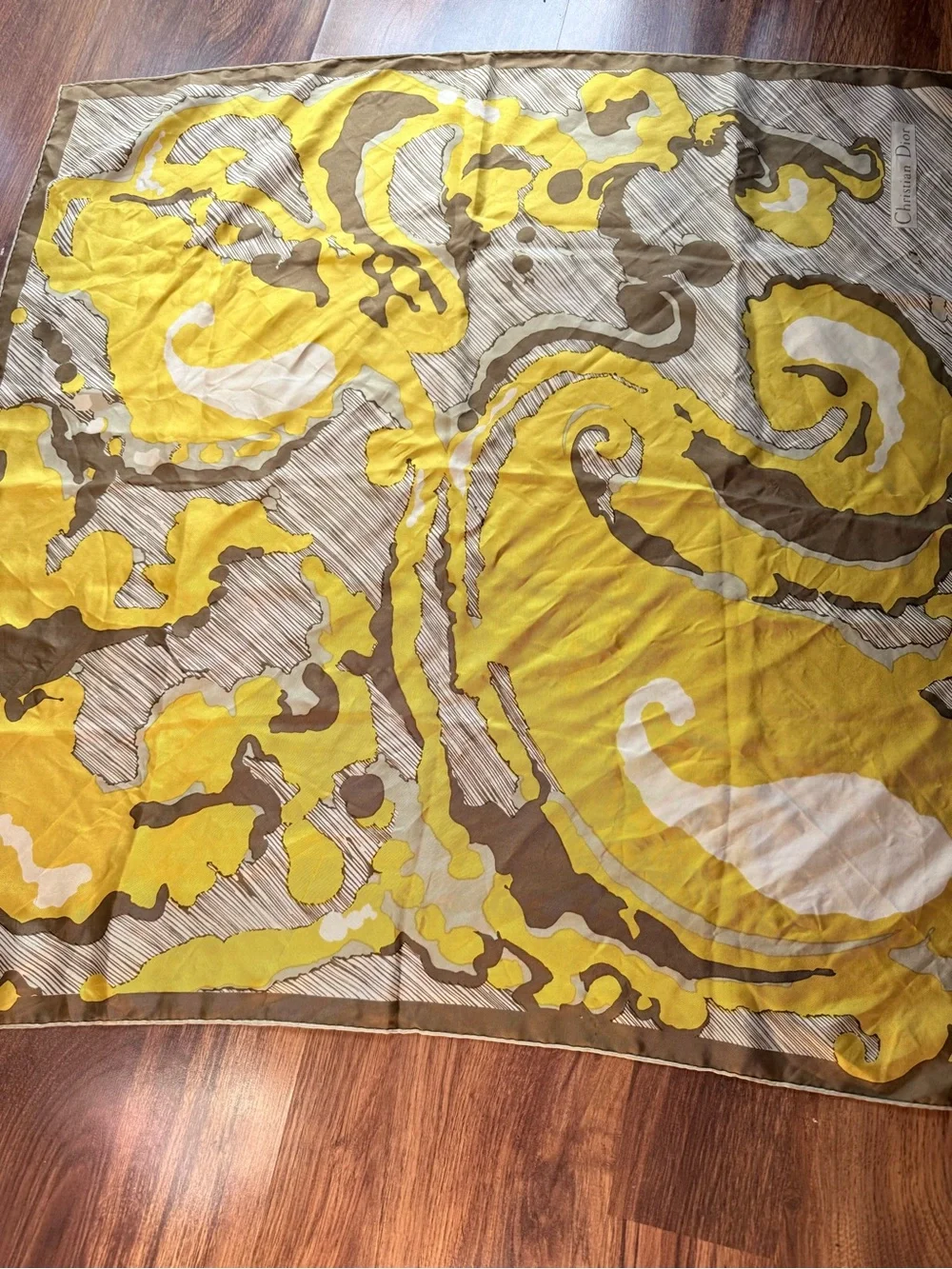 Vintage Christian Dior Yellow & Taupe Silk Scarf